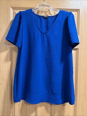 Hemish USA Royal Blue V-Neck Textured Short Sleeve Blouse